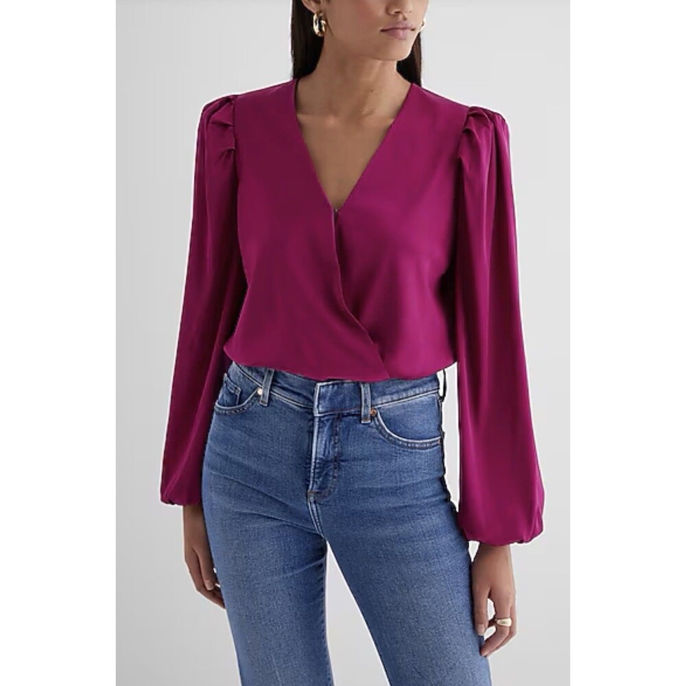Express Satin Balloon Sleeve Faux Wrap Front Snap Bodysuit Pink/purple Small